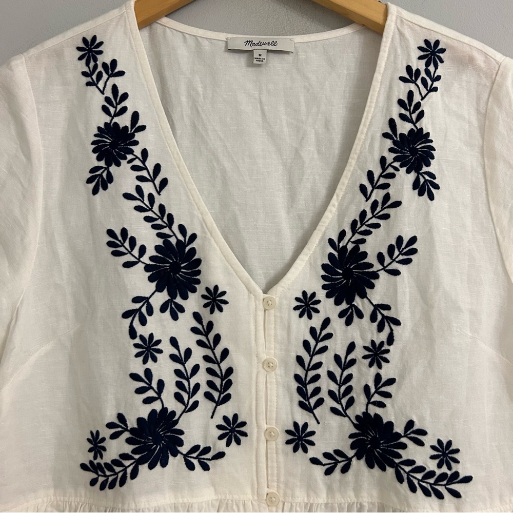 Madewell White Navy Embroidered Linen-Blend Alexandra Button-Front Mini Dress - Picture 5 of 8